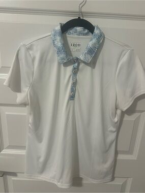Ladies Izod White Golf Polo with Blue Patterned Collar